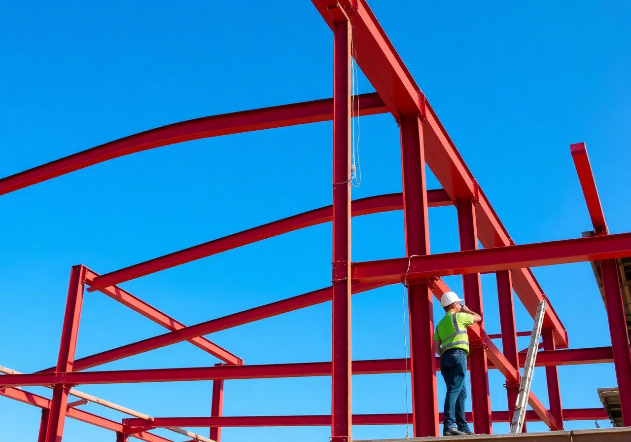 Red iron metal building erection in Florida